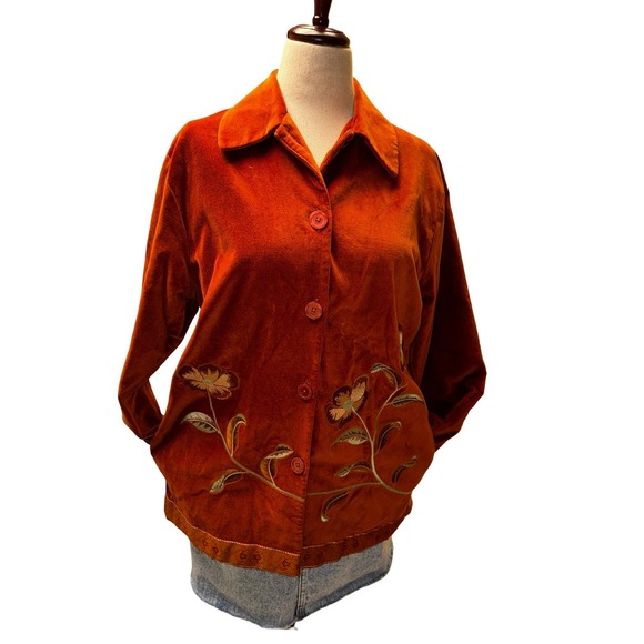 Jessica Holbrook Jackets & Blazers - Jessica Holbrook Jacket Women Orange Velvet Floral Embroidered Button Up Size M